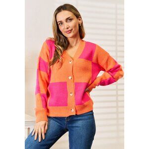 Woven Right Checkered V-Neck Dropped Shoulder Cardigan